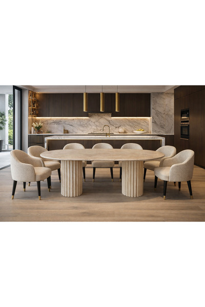 esila marble art Oval Traverten Yemek Masası – Fluted Silindir Ayaklı Lüks Do...