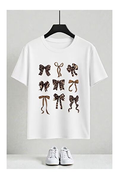 Massgai Unisex Leopard Pattern Ribbon Cherry Printed Oversize 100% Cotton T-S...