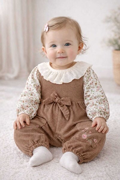 krm kerem bebe Fırfır Yaka Çiçekli Gömlek & Fiyonklu Tulum Bayramlık Kız Bebe...