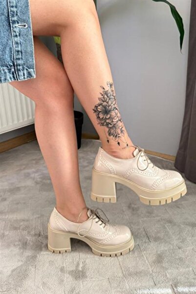 Difolia Women's Diana Beige Patent Leather Carık Model 8 cm Heeled Platform S...