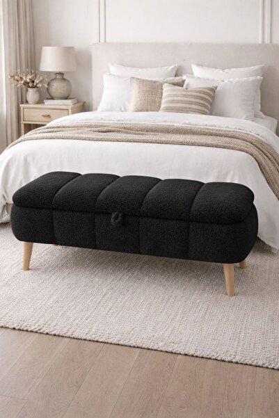 own home Sara Sandıklı Puf Bench, Teddy Kumaş Kaplamalı Ahşap Ayaklı Modern B...