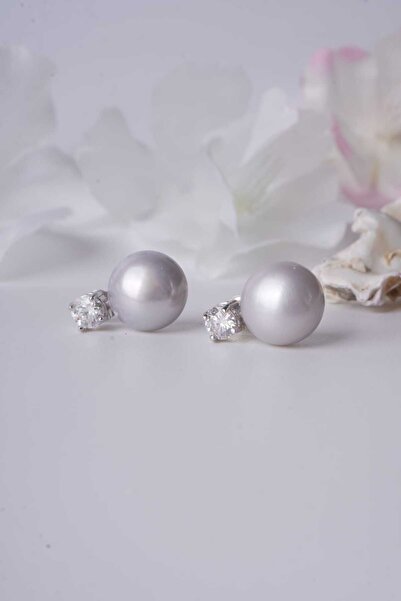 Aksesuaring 10 mm Gri İnci & 0,80 Ct Mozanet Taşlı Gümüş Küpe