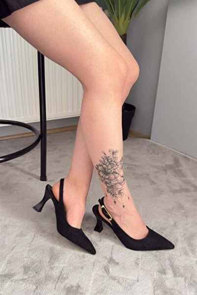 Difolia Women's Motto Black Suede Pointed Toe Open Back 8 cm Heeled Shoes