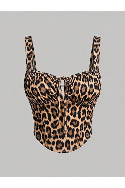 Marin Star Leopard Print Strappy Crop Top, Lace-Up Corset Form Crop Top, Ches...