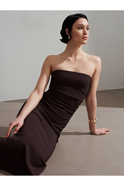 Dilvin 91368 Strapless Midi Dress-Dark Brown