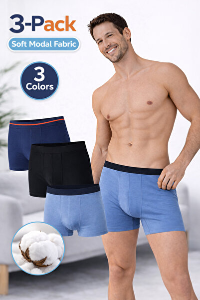 SÜSEN LİNGERİE 3 Pieces of 100% Cotton Men's Modal Boxers, Navy Blue, Black, ...