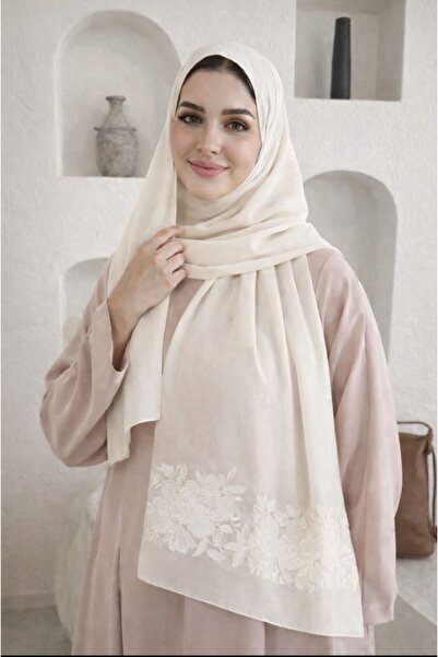 Veil Designer Two-layer light beige hijab with embroidery on both sides, Japa...