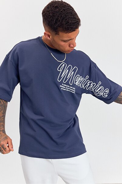 MADZEYMODA Men's Oversize Indigo T-Shirt with Embroidery Detail Ls-36045