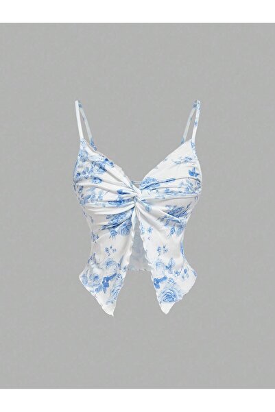 poswicon White Flower Patterned Front Twist Thin Strap Alaçatı Crop