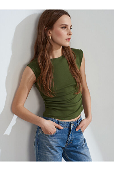 Dilvin 21054 Gathered Basic T-Shirt-Dark Khaki