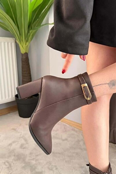 Difolia Women's Julia Brown Leather Side Zipper Buckle Detailed Thick Heeled ...