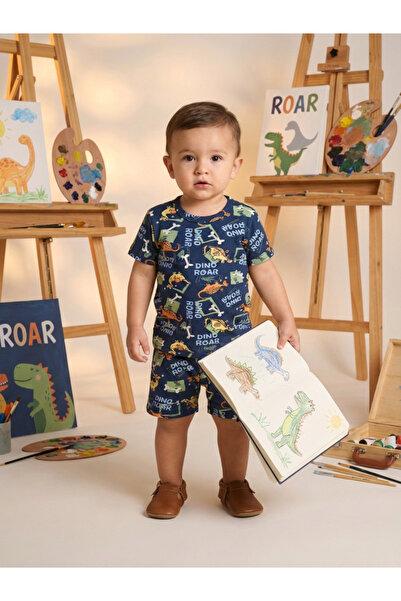 ALYAKİDS Boy's Dinosaur Patterned Shorts Set - Cotton Summer Top and Bottom B...