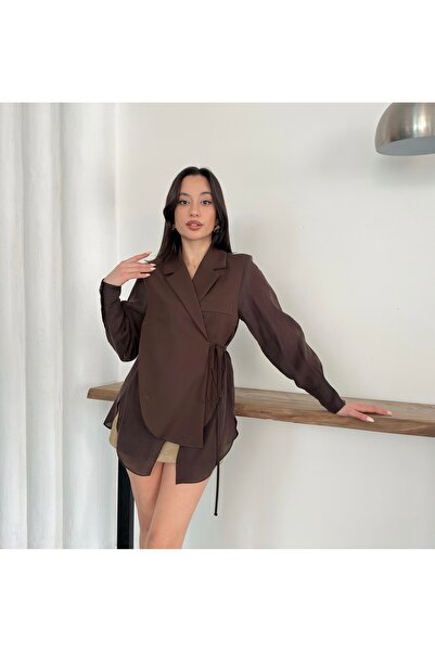 timagna Kadın Şifon Detaylı Kruvaze Bağlamalı Ceket Bluz Şık Üst Giyim