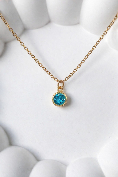BNGaksesuar Gold Necklace with Blue Zircon Stone and Steel Chain