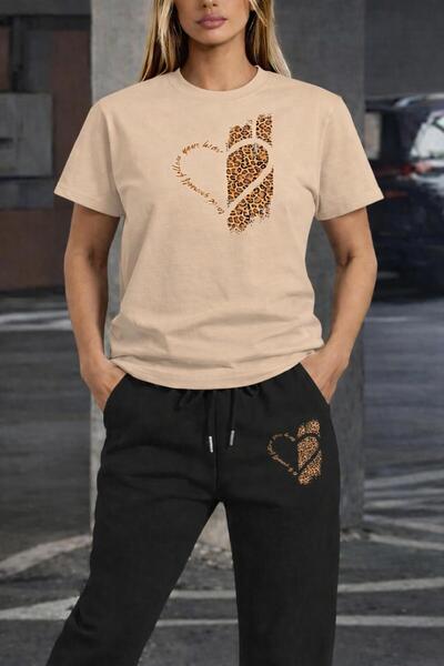 zeag Women's Leopard Heart Printed Tracksuit T-Shirt Set
