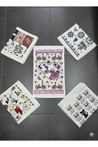 ÖZteks (5 Pieces) 30-50 cm Printed Velvet Kitchen Towel & Hand and Face Towel