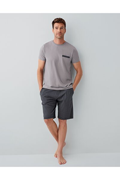 Arnetta Set de pijamale pentru bărbați, din bumbac, gri, cu mâneci scurte, pa...