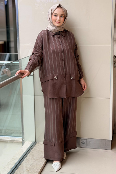 Ceremony İstridye Detaylı Çizgili Pantolonlu Takım