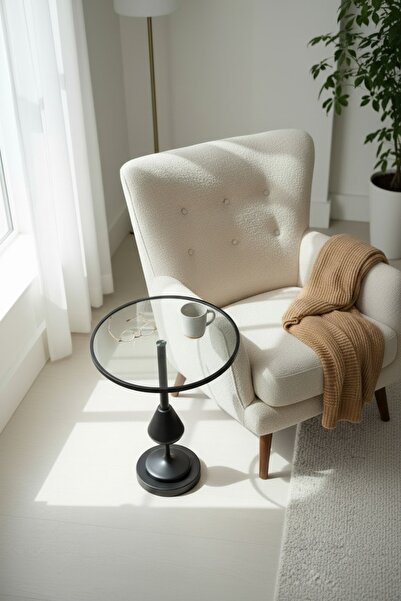 terndat طاولة جانبية دائرية مودرن بقاعدة معدنية سوداء