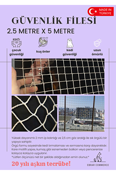 ebrarcommerce Balkon Filesi 2,5mx 5 Metre Kalın Ve Sık Dokunmuş Kedi Çocuk Fi...