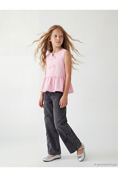 LC Waikiki Esse Collection Μαύρο Φαρδύ Τζιν Παντελόνι για Κορίτσια