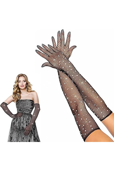 evimdeyokyok Black Color Pearl and Diamond Embroidered Mesh Knitted Long Glov...