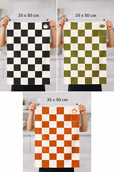 Piloji Set of 3 Retro Checkered Kitchen Towels 35X50 cm Cotton – Decorative H...