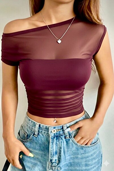 World Fashion Trends Bordo Transparan Asimetrik Yaka Detaylı Tül Bluz 8051