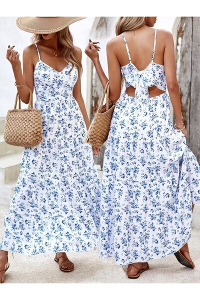 Masspera Kadın Askılı V Yakalı Arkadan Bağlamalı Çiçek Desenli Maxi Süprem El...