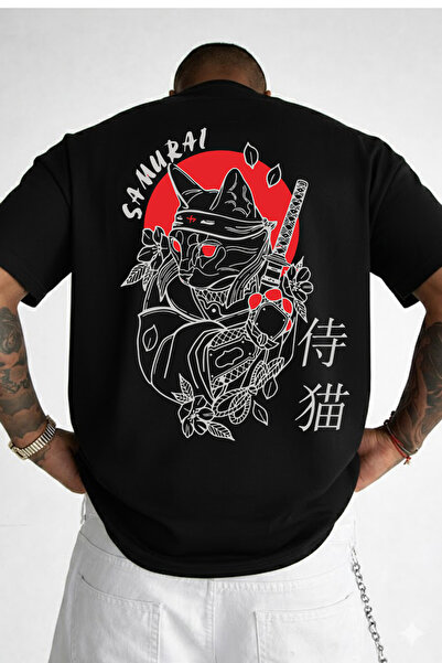 VEK تي شيرت مطبوع عليه قطة الساموراي كبير الحجم - على الطراز الياباني، مصنوع ...