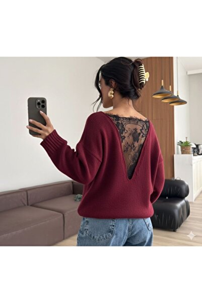 COjans Women's Lace Back Transparent Detail Knitwear Sweater