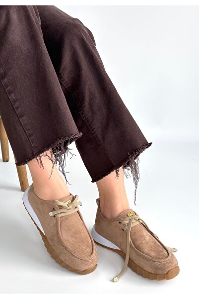 alfaze Bej Süet Ortopedik Bağcıklı Spor Ayakkabı Topuk Boyu 3 Cm