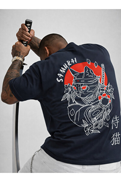 VEK تي شيرت مطبوع عليه قطة الساموراي كبير الحجم - على الطراز الياباني، مصنوع ...