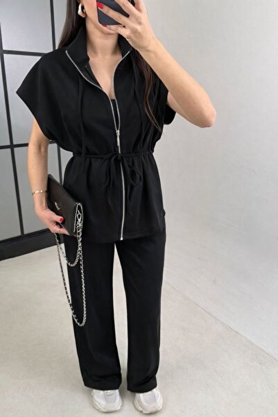 COjans Women's Bat Sleeve Zipper and Elastic Lace Detail Jacket and Pants Dou...