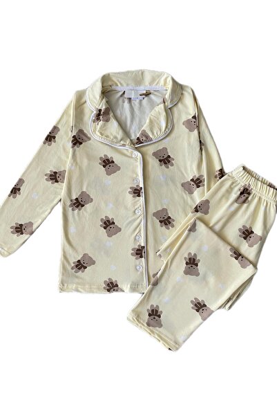 byalisdmr Girls' Pajama Set with Bear Pattern, Summer, Milan Fabric, Trim Detail, Shirt Collar