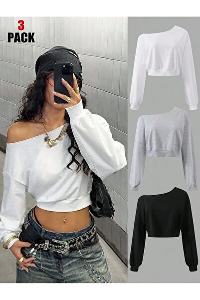 OVER HEAD Women's Grey-White-Black 3-Piece Crop Boat Neck Oversize Sweatshirt