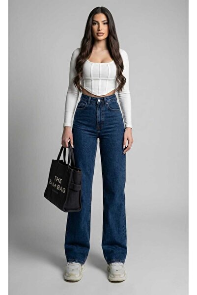 Trn JNS Christina 90's Lycra Women's Dark Blue Super High Waist Loose Leg Den...