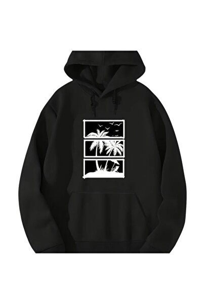 COZYWEAR سويت شيرت أسود كبير الحجم للجنسين مع قلنسوة، مطبوع بجودة عالية، مريح...