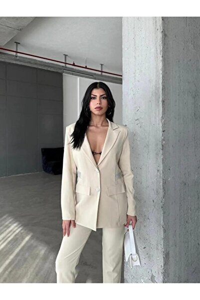 Female Clothing Beige Rhinestone-Detail Blazer and Stretchy Pocketed Belted P...