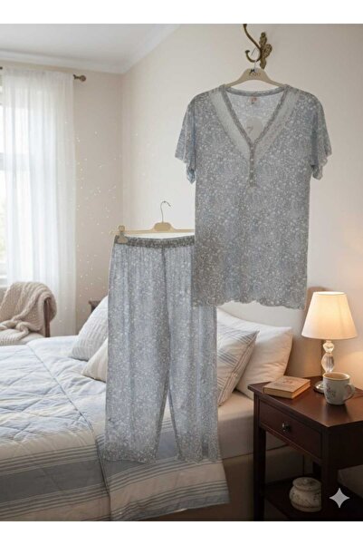 Andrella Women's 80% Bamboo 20% Cotton V-Neck Lace Capri Pajama Set - Floral ...