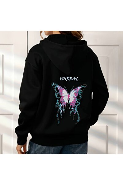 COZYWEAR سويت شيرت أسود كبير الحجم للجنسين مع قلنسوة، مطبوع بجودة عالية، مريح...