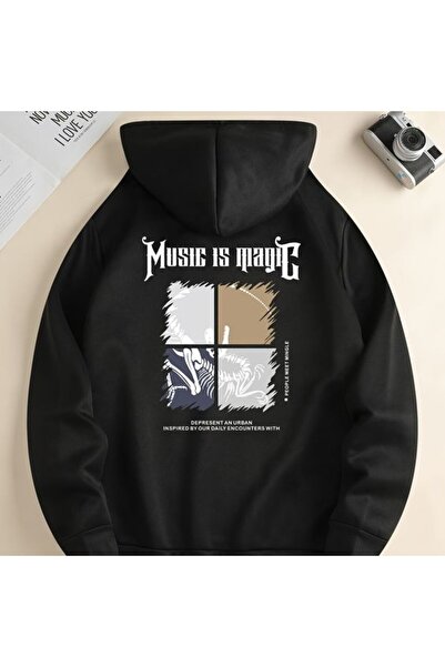 COZYWEAR سويت شيرت أسود كبير الحجم للجنسين مع قلنسوة، مطبوع بجودة عالية، مريح...