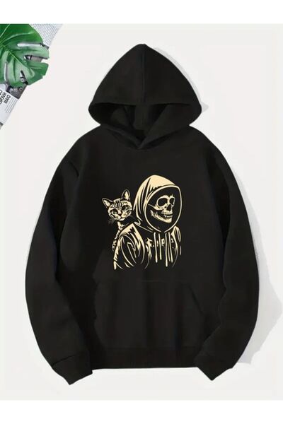 COZYWEAR سويت شيرت أسود كبير الحجم للجنسين مع قلنسوة، مطبوع بجودة عالية، مريح...