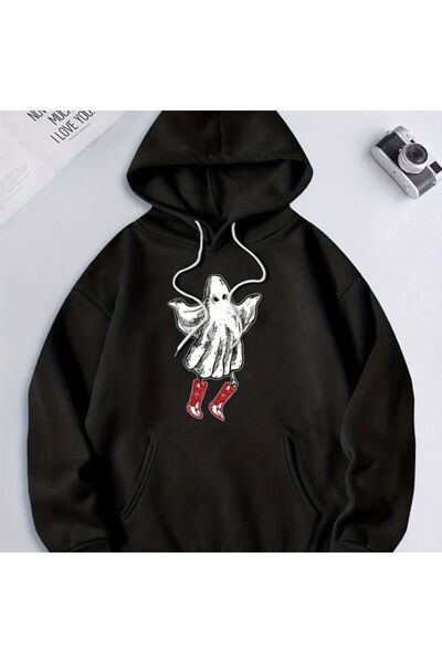 COZYWEAR سويت شيرت أسود كبير الحجم للجنسين مع قلنسوة، مطبوع بجودة عالية، مريح...