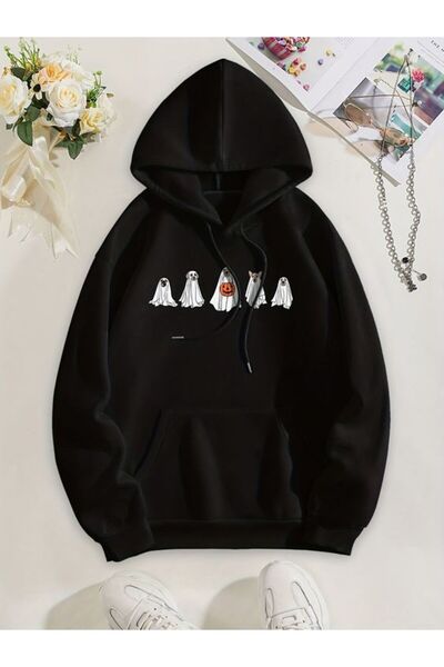 COZYWEAR سويت شيرت أسود كبير الحجم للجنسين مع قلنسوة، مطبوع بجودة عالية، مريح...