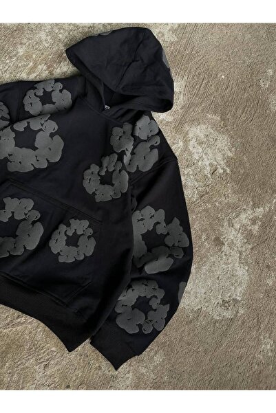 COZYWEAR سويت شيرت أسود كبير الحجم للجنسين مع قلنسوة، مطبوع بجودة عالية، مريح...