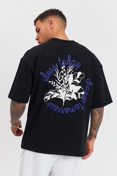 MADZEYMODA Men's Oversize Crew Neck Black T-Shirt with Embroidery Detail Ls-3...