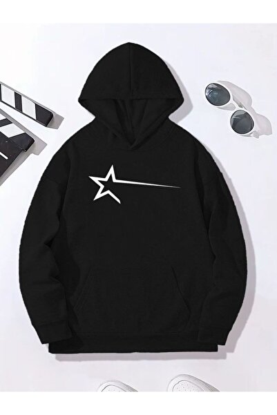 COZYWEAR سويت شيرت أسود كبير الحجم للجنسين مع قلنسوة، مطبوع بجودة عالية، مريح...