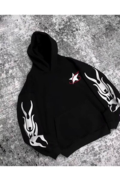 COZYWEAR سويت شيرت أسود كبير الحجم للجنسين مع قلنسوة، مطبوع بجودة عالية، مريح...