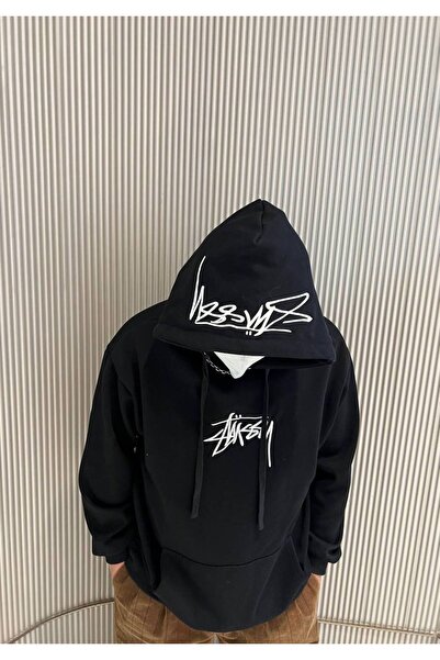 COZYWEAR سويت شيرت أسود كبير الحجم للجنسين مع قلنسوة، مطبوع بجودة عالية، مريح...